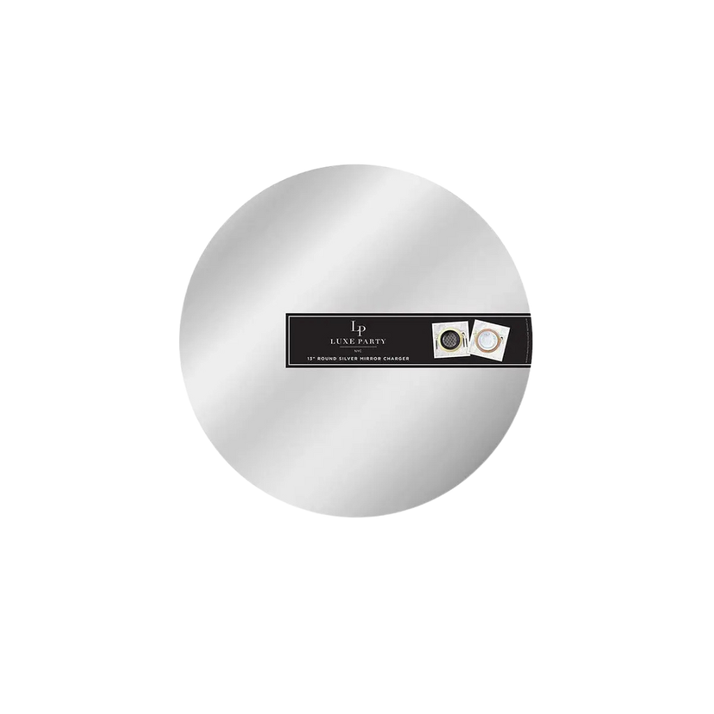 Silver round lightweight mirror charger plate elegant tableware for events from Parte Haus party supply store in Bethesda Maryland
