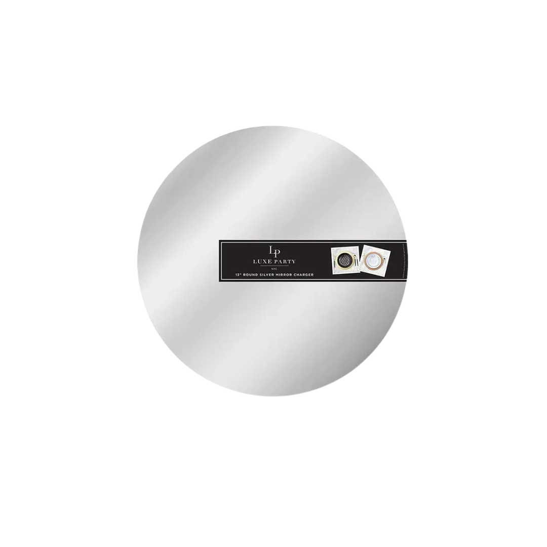 Silver round lightweight mirror charger plate elegant tableware for events from Parte Haus party supply store in Bethesda Maryland