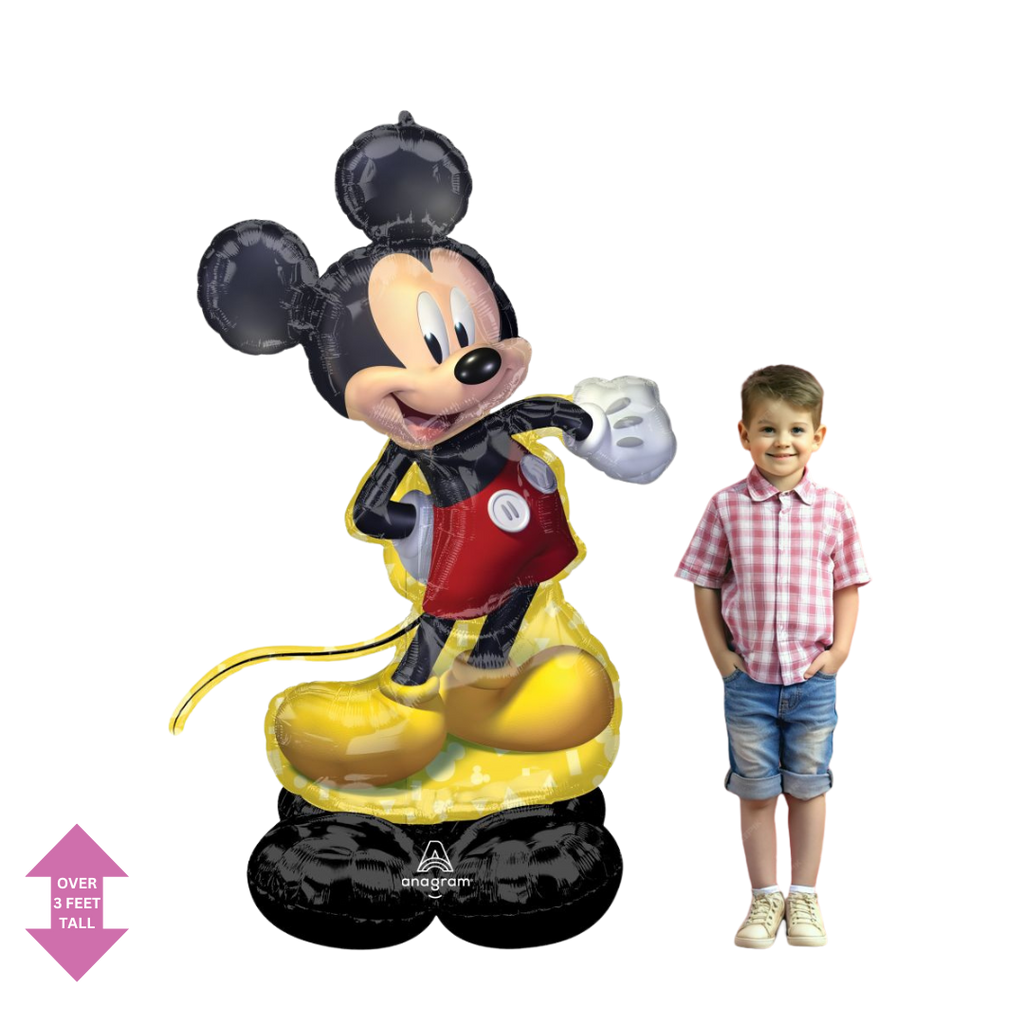 Black and yellow Mickey Mouse balloon with a smiling child birthday theme from Parte Haus party supply store in Bethesda Maryland