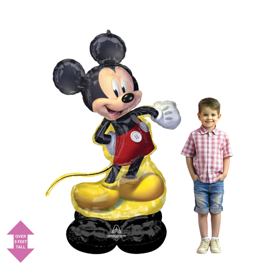 Black and yellow Mickey Mouse balloon with a smiling child birthday theme from Parte Haus party supply store in Bethesda Maryland