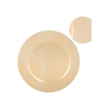 Gold round plastic charger plate with smooth finish for elegant events from Parte Haus party supply store in Bethesda MD.