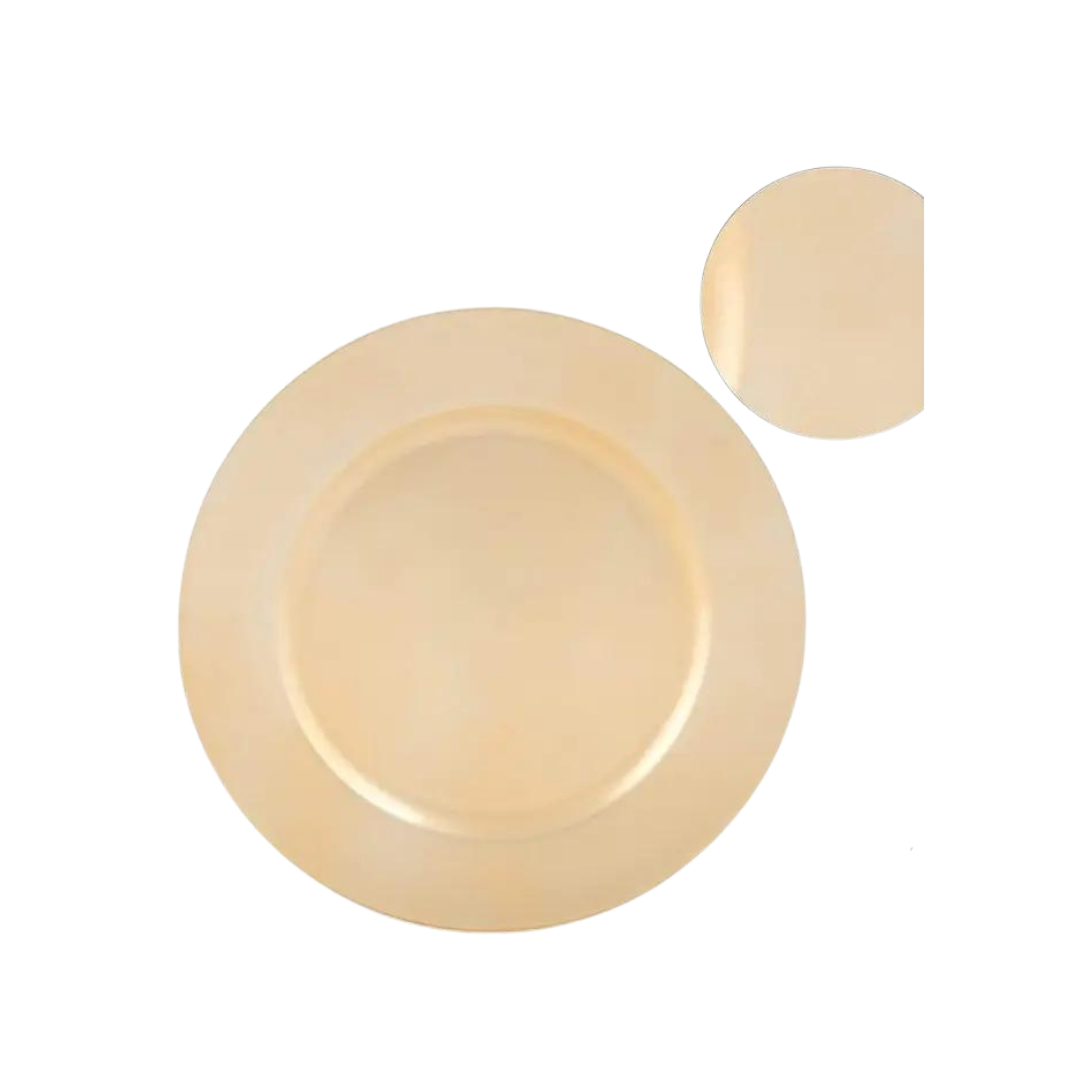 Gold round plastic charger plate with smooth finish for elegant events from Parte Haus party supply store in Bethesda MD.