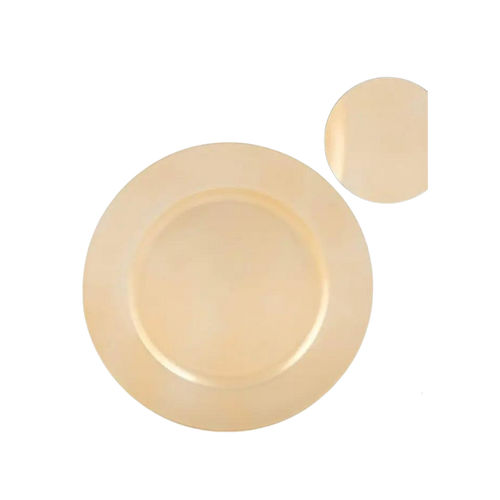 Gold round plastic charger plate with smooth finish for elegant events from Parte Haus party supply store in Bethesda MD.