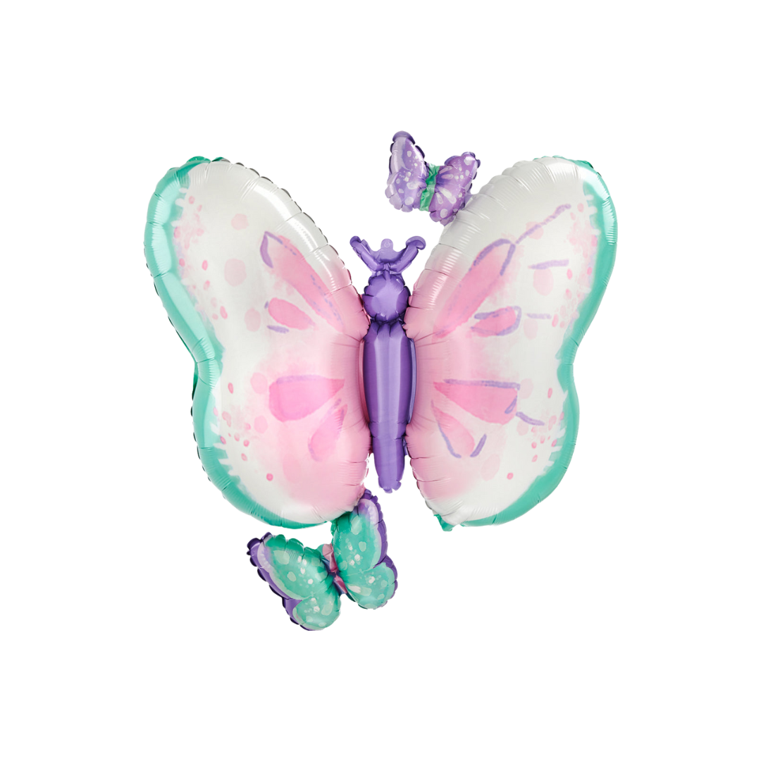 Pastel butterfly balloon with purple green and pink wings for birthday from Parte Haus party supply store in Bethesda Maryland