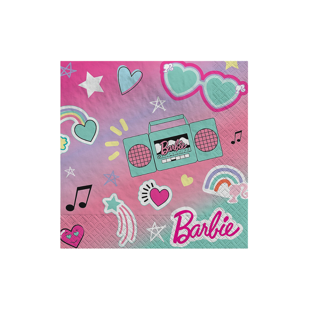 Pink and teal Barbie napkin with hearts rainbows and boombox birthday theme from Parte Haus party supply store in Bethesda MD