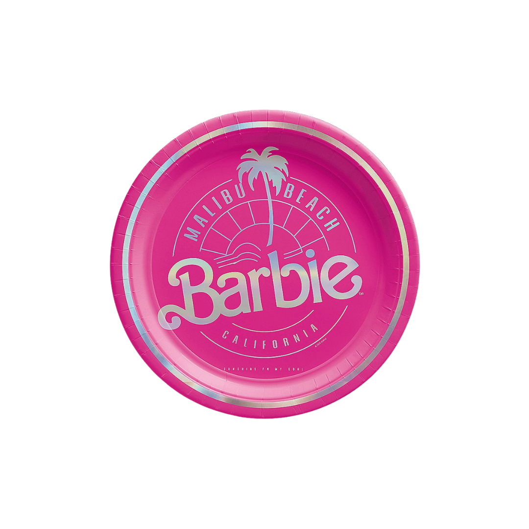 Pink Barbie paper plate with palm tree Malibu Beach theme from Parte Haus party supply store in Bethesda MD