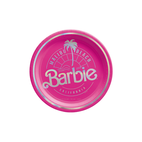 Pink Barbie paper plate with palm tree Malibu Beach theme from Parte Haus party supply store in Bethesda MD