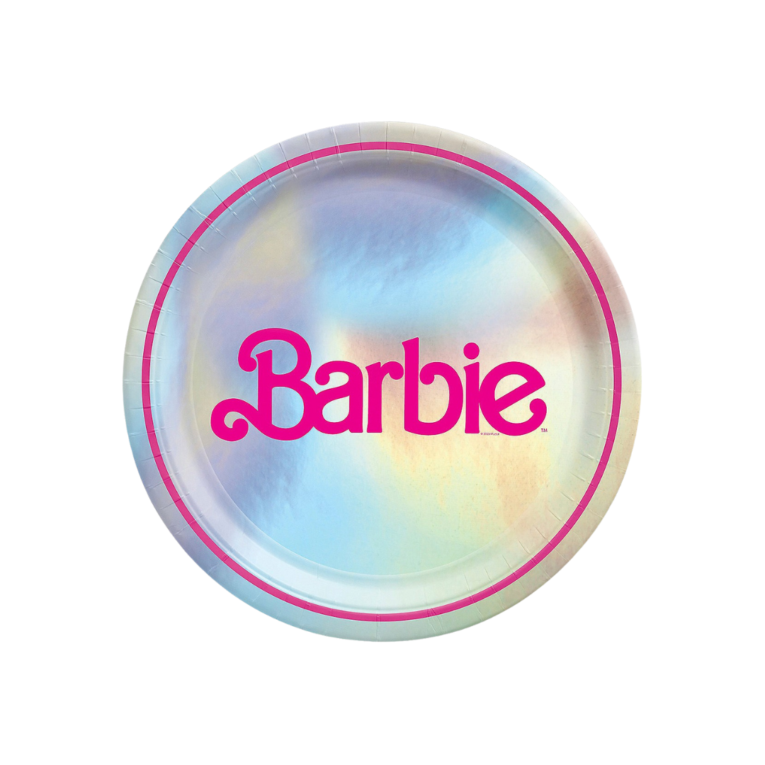 Iridescent pink Barbie plate for birthday celebration from Parte Haus party supply store in Bethesda, Maryland.