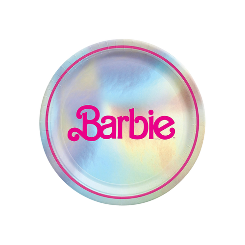 Iridescent pink Barbie plate for birthday celebration from Parte Haus party supply store in Bethesda, Maryland.