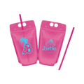 Pink drink pouch set with blue Barbie logo and palm tree design summer theme from Parte Haus party supply store in Bethesda MD