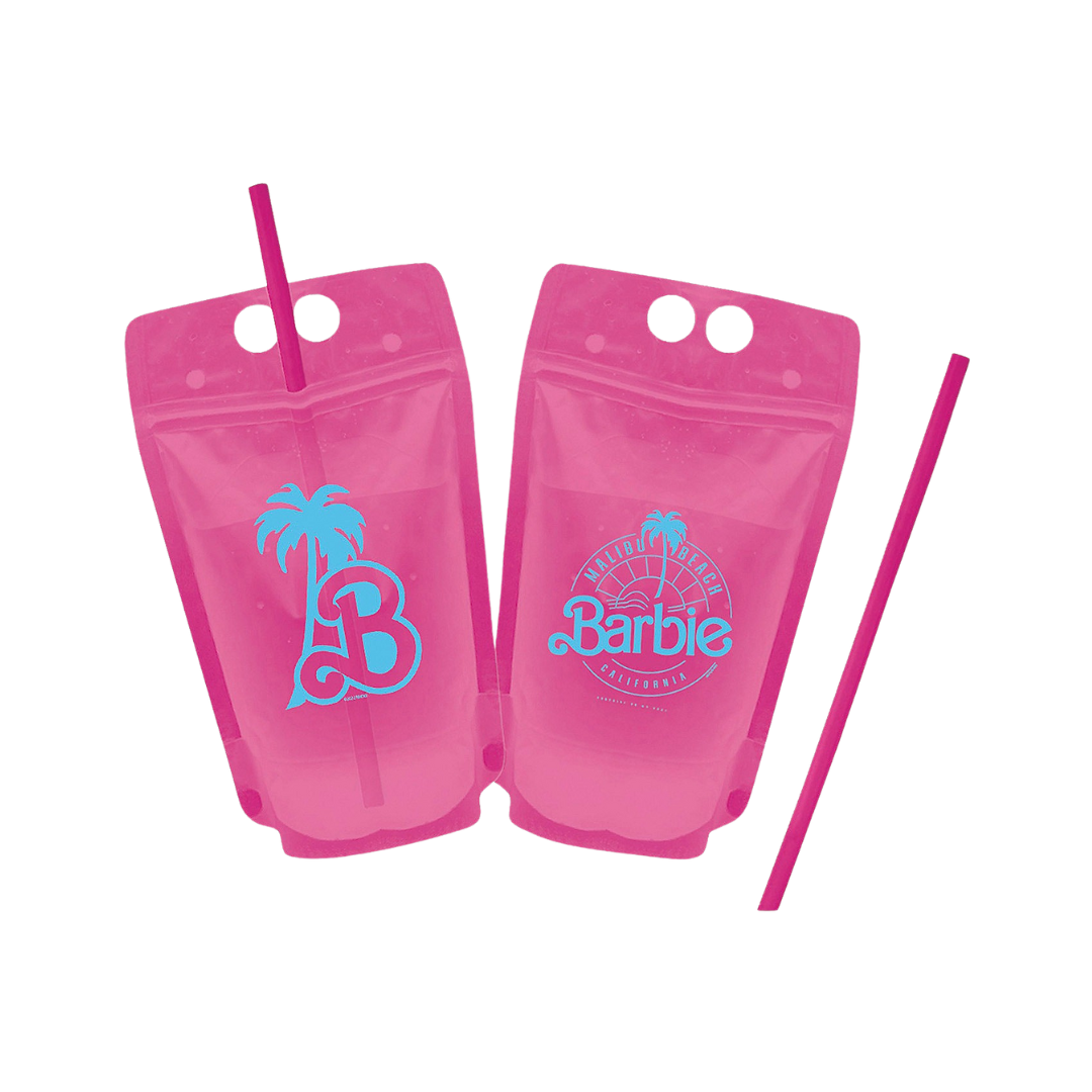 Pink drink pouch set with blue Barbie logo and palm tree design summer theme from Parte Haus party supply store in Bethesda MD