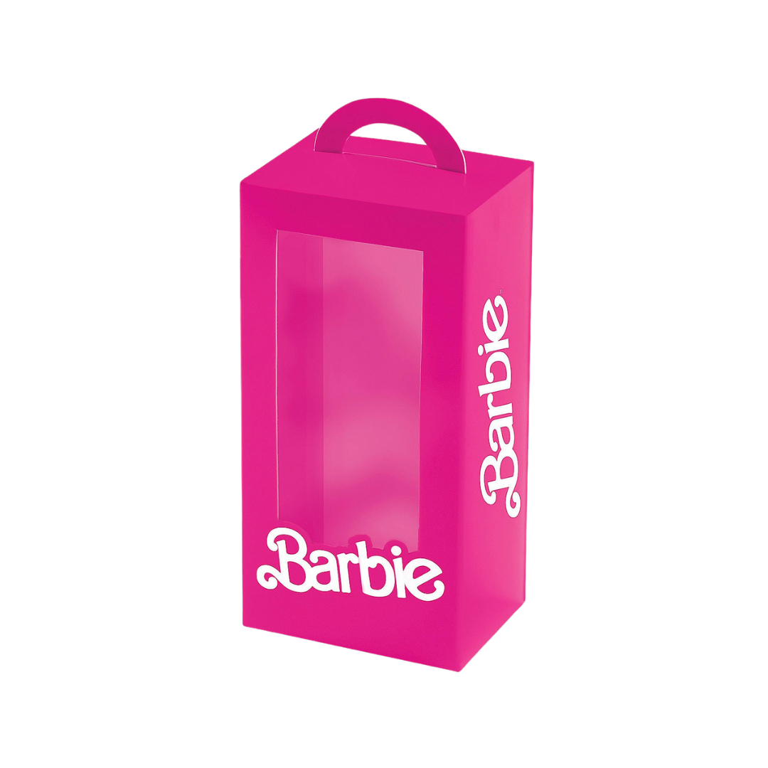 pink Barbie box favor container with clear window for birthday from Parte Haus party supply store in Bethesda Maryland