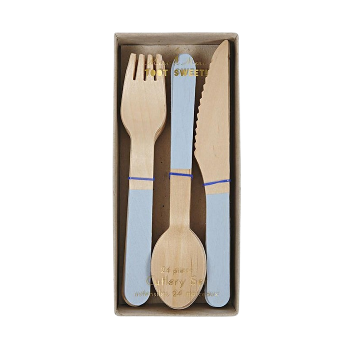 Blue Wooden Cutlery Set - 24pcs