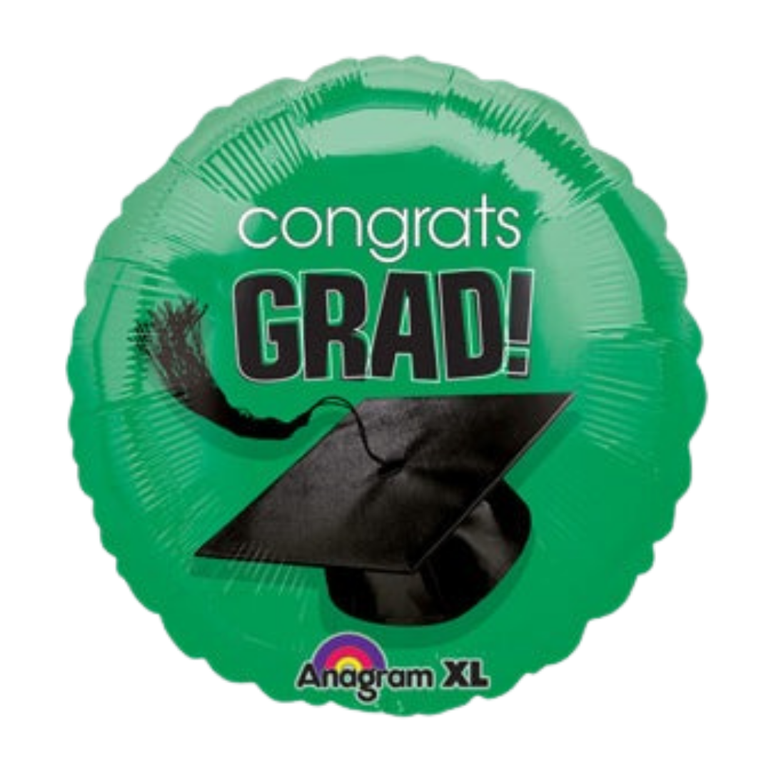 Green graduation balloon with black cap and congrats grad message from Parte Haus party supply store in Bethesda Maryland