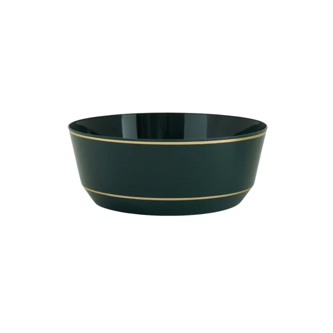 Emerald gold plastic bowl with gold rim elegant event decor from Parte Haus party supply store in Bethesda MD