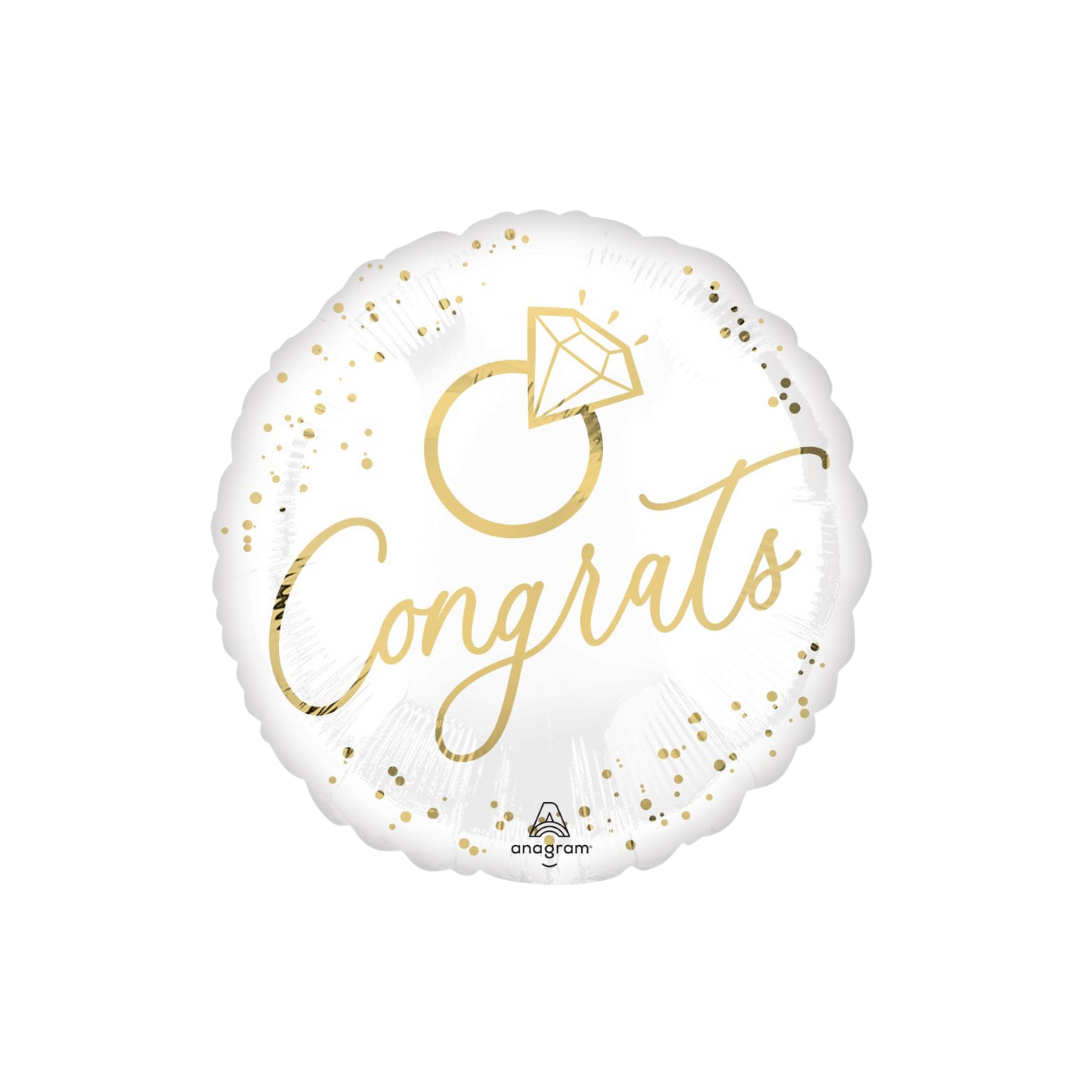 White and gold congrats balloon with diamond ring design engagement party from Parte Haus party supply store in Bethesda Maryland
