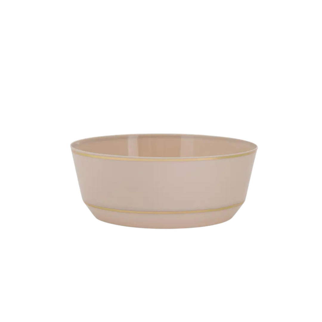Linen and gold round plastic bowl elegant Rimmed design for celebrations from Parte Haus party supply store in Bethesda MD