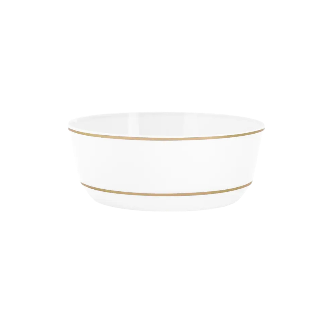 White gold round plastic bowl elegant tableware from Parte Haus party supply store in Bethesda MD