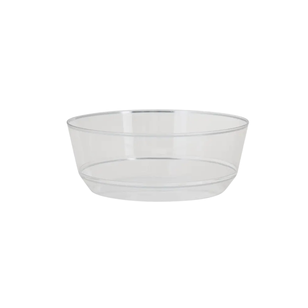 Clear round plastic bowl single serving from Parte Haus party supply store in Bethesda Maryland