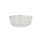 Clear gold plastic bowl with gold rim perfect for elegant events from Parte Haus party supply store in Bethesda MD