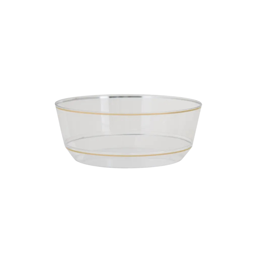 Clear gold plastic bowl with gold rim perfect for elegant events from Parte Haus party supply store in Bethesda MD