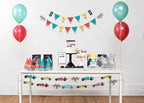 Red and teal race car birthday party decorations and balloons for kids from Parte Haus party supply store in Bethesda Maryland