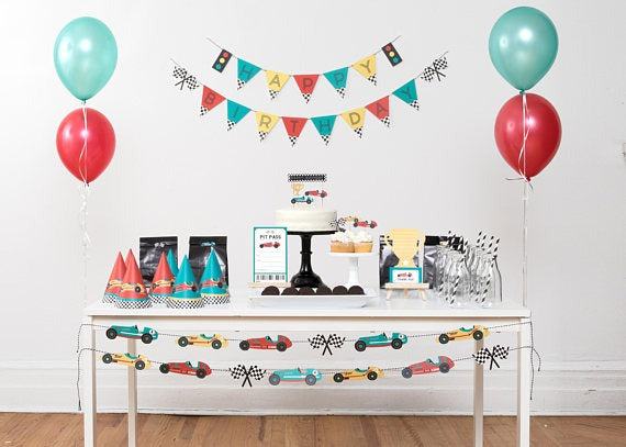 Red and teal race car birthday party decorations and balloons for kids from Parte Haus party supply store in Bethesda Maryland