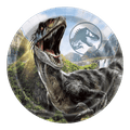 Multicolor dinosaur paper plate with roaring velociraptor Jurassic theme from Parte Haus party supply store in Bethesda MD