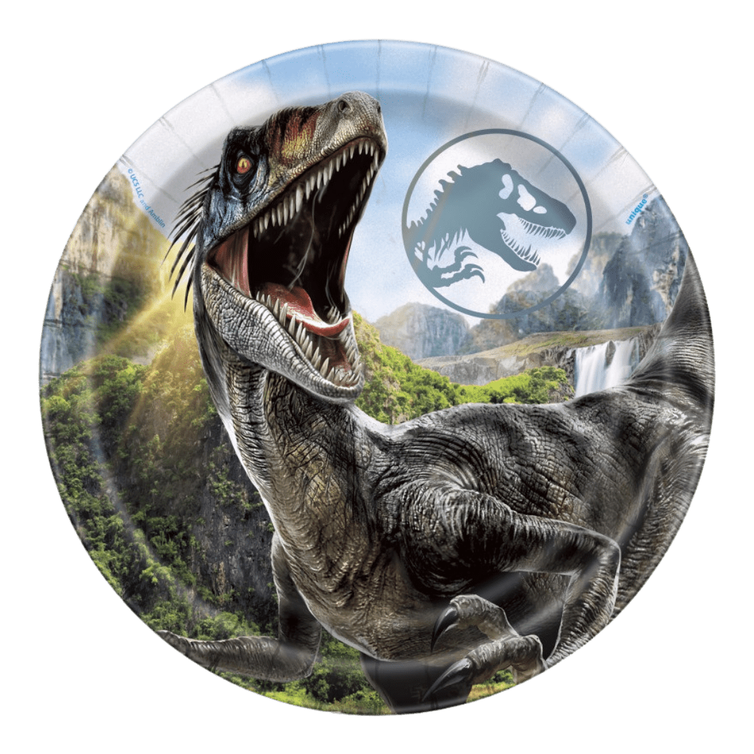 Multicolor dinosaur paper plate with roaring velociraptor Jurassic theme from Parte Haus party supply store in Bethesda MD