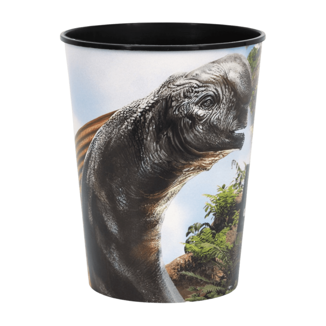 Multicolor dinosaur plastic cup featuring a realistic dinosaur for birthday from Parte Haus party supply store in Bethesda MD
