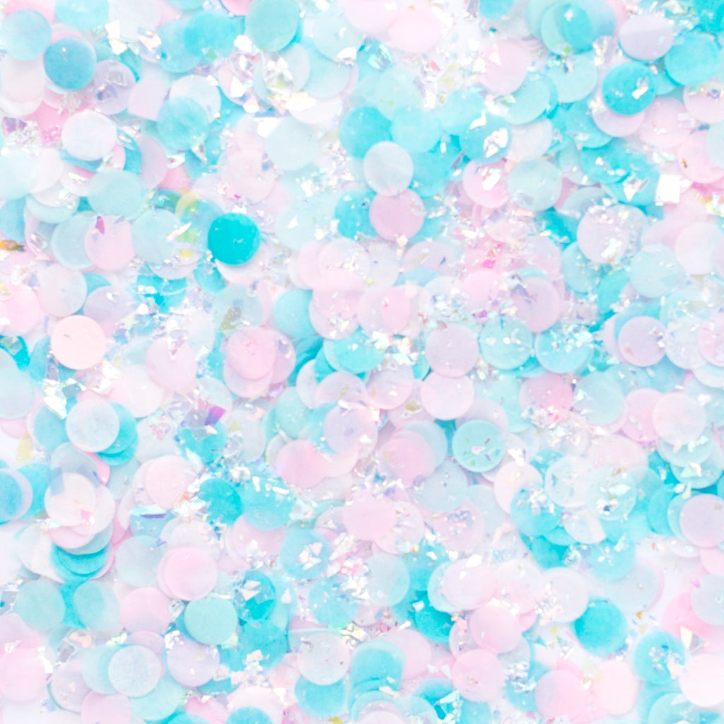 Pastel blue and pink confetti circles for birthday celebration from Parte Haus party supply store in Bethesda MD