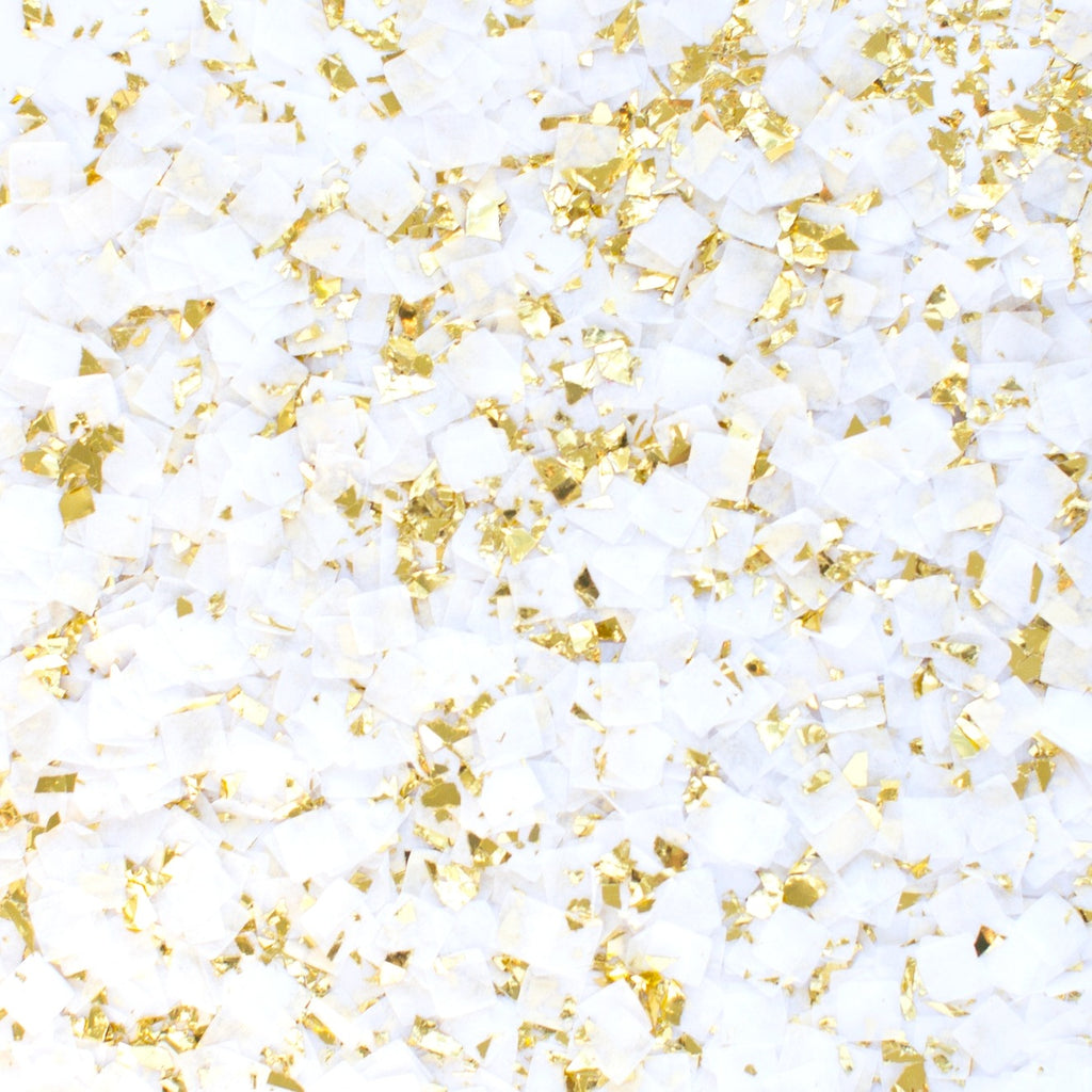 White and gold confetti squares for celebration theme from Parte Haus party supply store in Bethesda MD