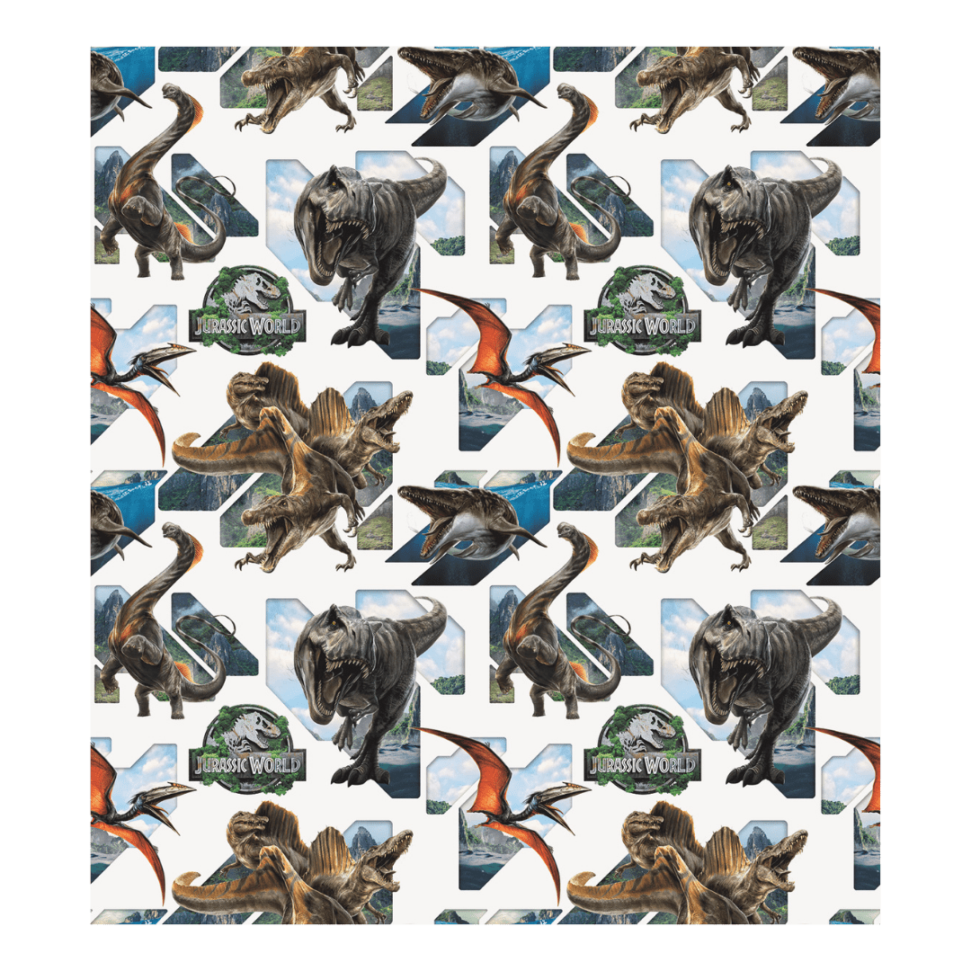 multicolor Jurassic World plastic table cover with dinosaurs for birthday from Parte Haus party supply store in Bethesda Maryland