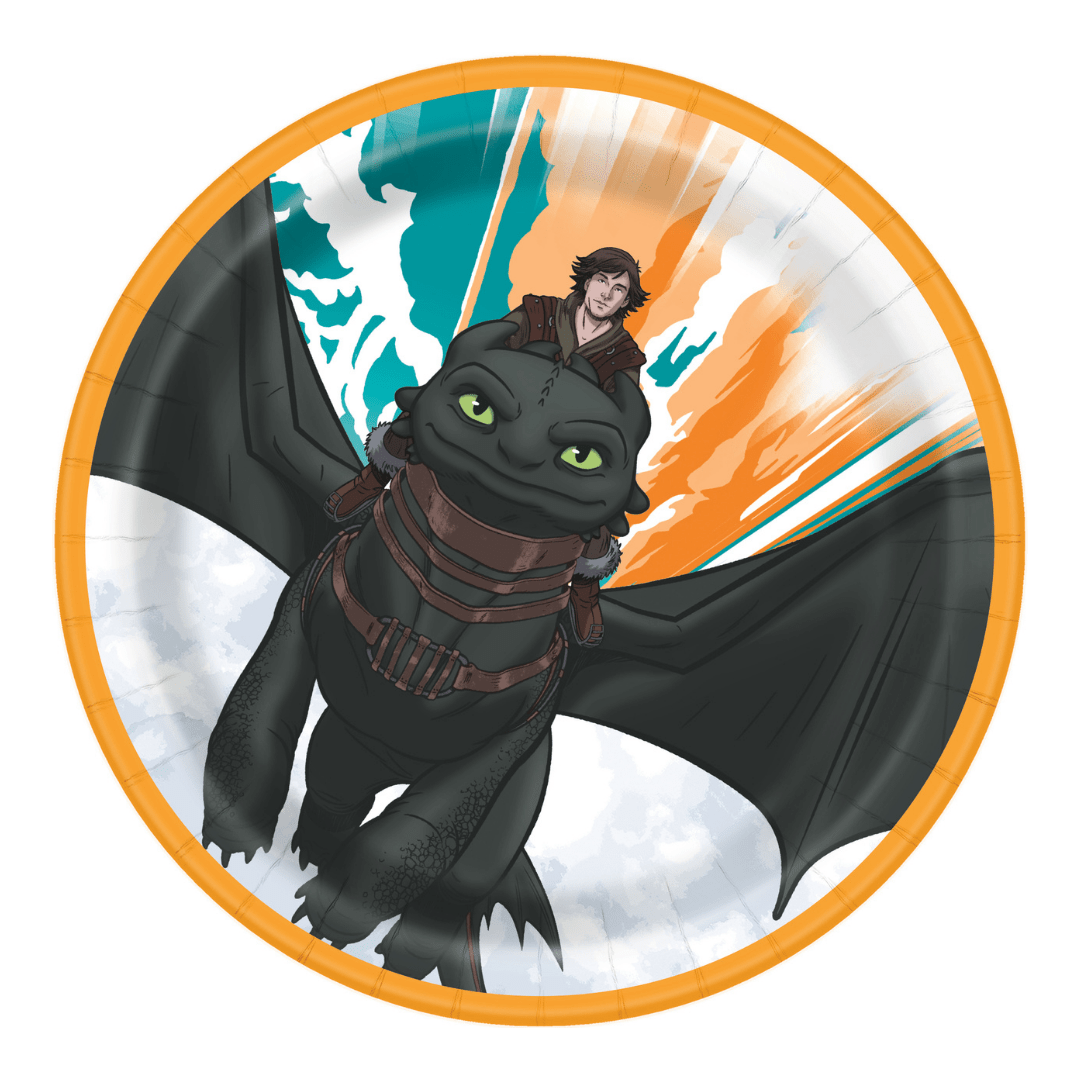 Black and orange How to Train Your Dragon paper plate with boy riding dragon birthday theme from Parte Haus party supply store in Bethesda Maryland