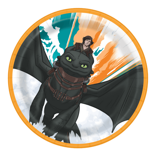 Black and orange How to Train Your Dragon paper plate with boy riding dragon birthday theme from Parte Haus party supply store in Bethesda Maryland