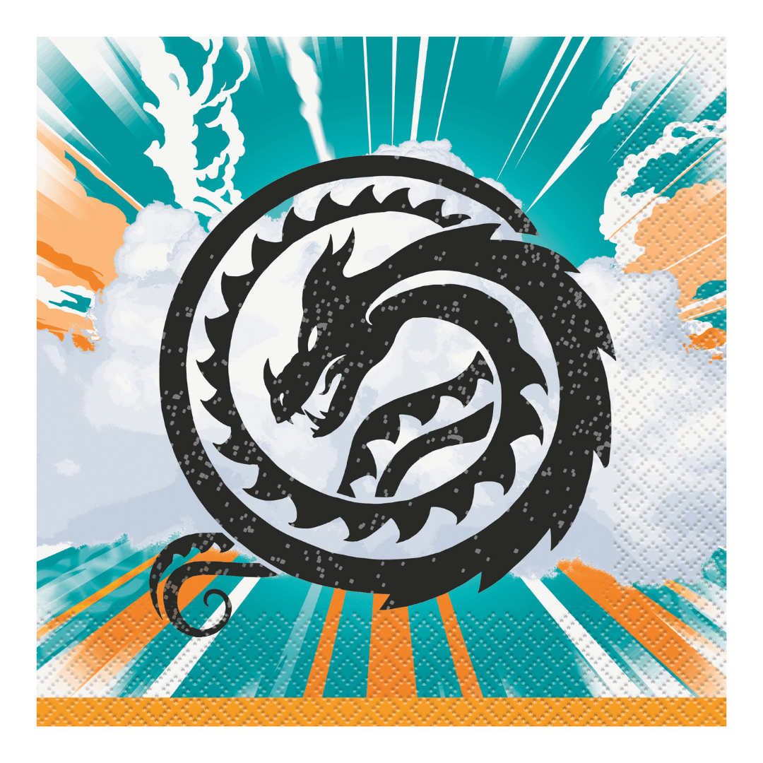 Orange teal dragon napkin with black dragon head graphic fantasy birthday from Parte Haus party supply store in Bethesda MD