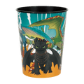 Colorful dragon plastic cup with animated dragon designs for birthday theme from Parte Haus party supply store in Bethesda MD