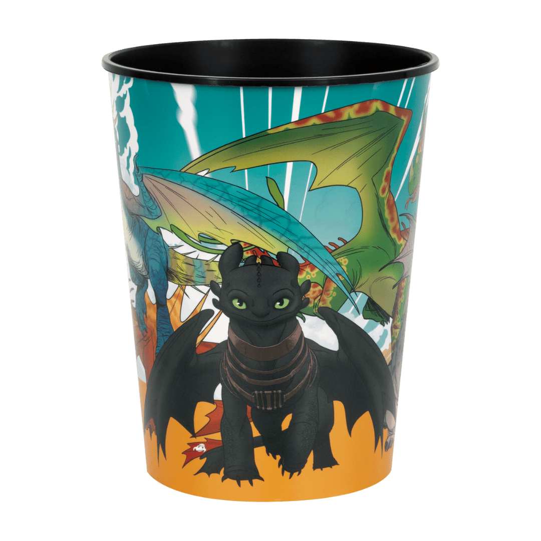Colorful dragon plastic cup with animated dragon designs for birthday theme from Parte Haus party supply store in Bethesda MD