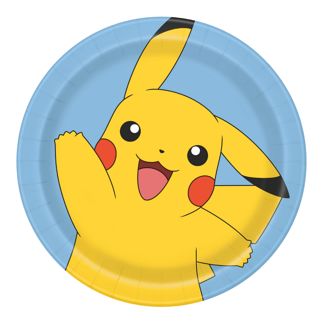 Blue Pikachu paper plate with cheerful cartoon character birthday theme from Parte Haus party supply store in Bethesda MD