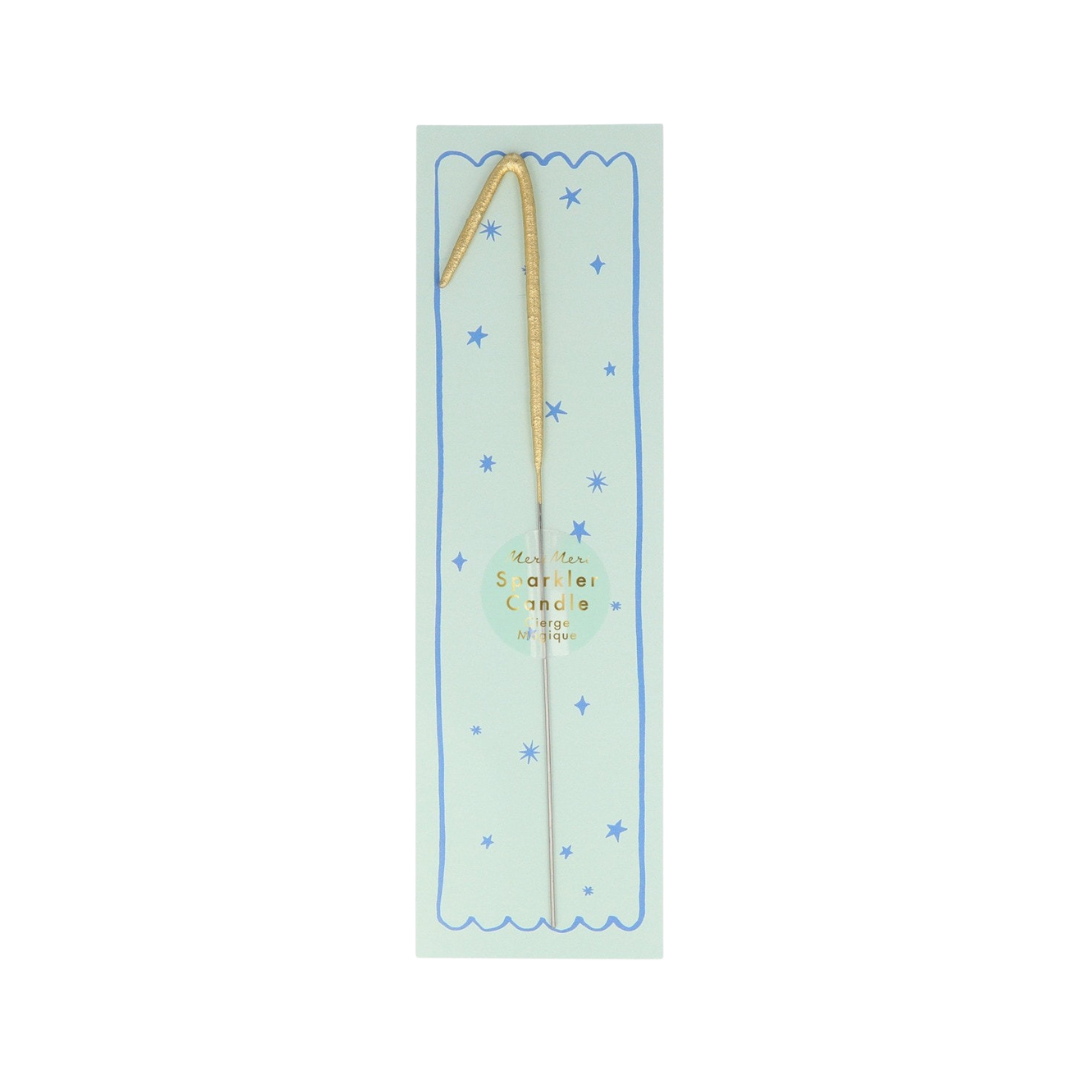Gold number seven sparkler candle on white card for birthday from Parte Haus party supply store in Bethesda MD