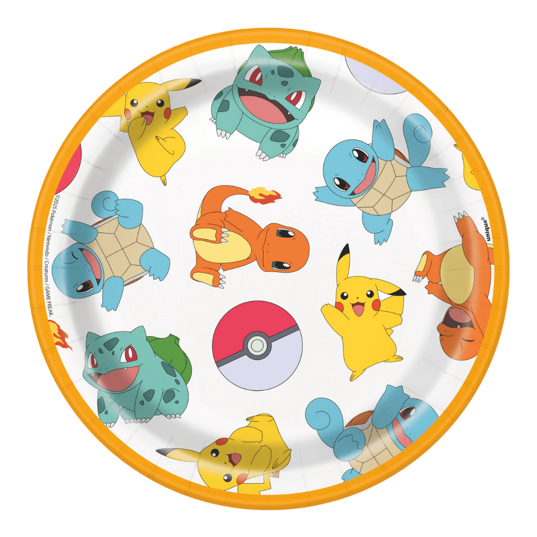 Yellow white Pokemon plate with Pikachu Bulbasaur and Pokeball for birthday from Parte Haus party supply store in Bethesda MD