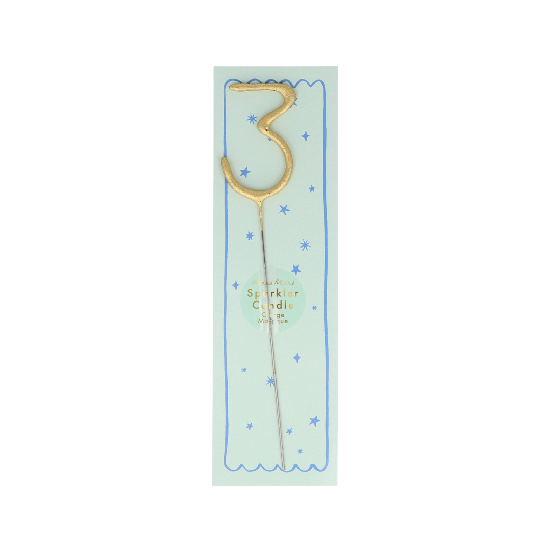 Gold number three sparkler candle on card for birthday theme from Parte Haus party supply store in Bethesda MD
