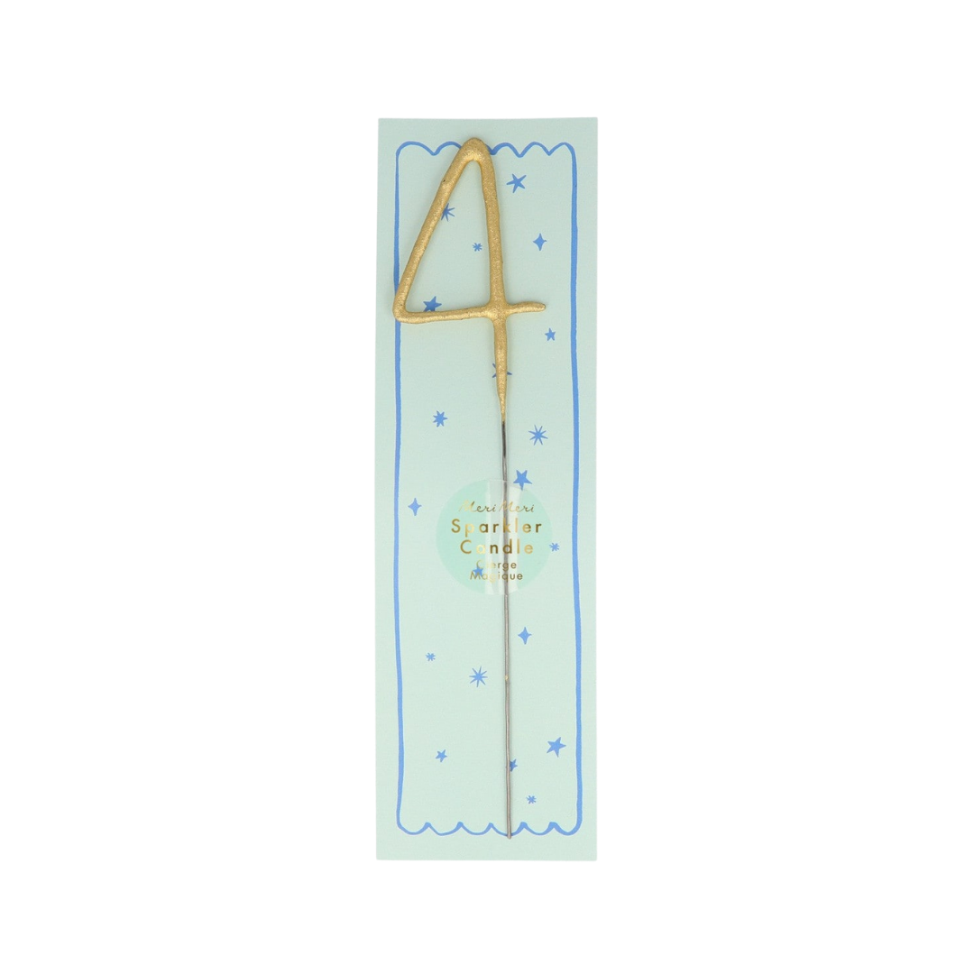 Gold number 4 sparkler candle on backing card for birthday from Parte Haus party supply store in Bethesda Maryland
