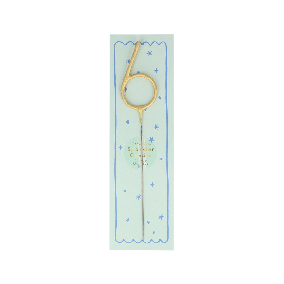 Gold number six sparkler candle on card birthday decoration from Parte Haus party supply store in Bethesda MD
