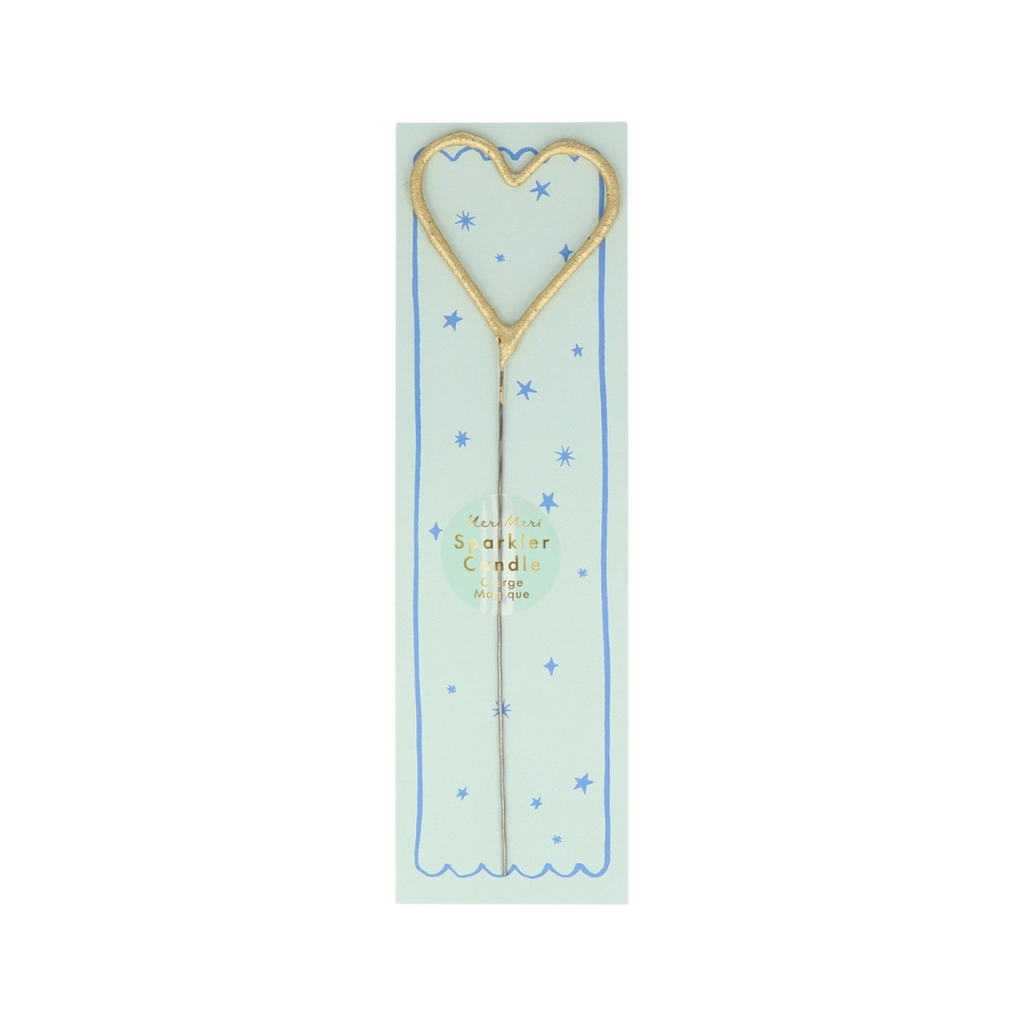 Gold heart sparkler candle with blue star packaging for birthdays from Parte Haus party supply store in Bethesda Maryland