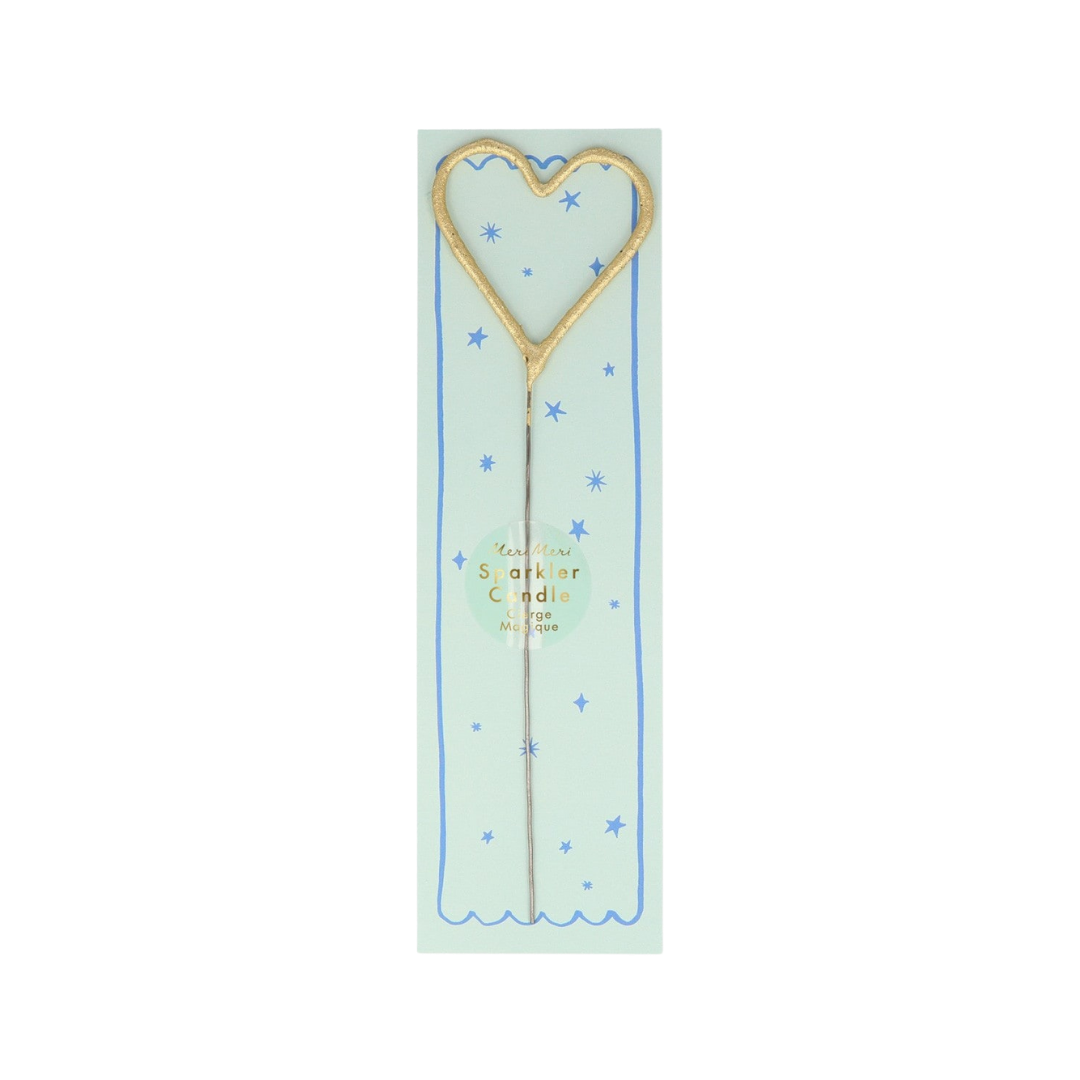 Gold heart sparkler candle with blue star packaging for birthdays from Parte Haus party supply store in Bethesda Maryland