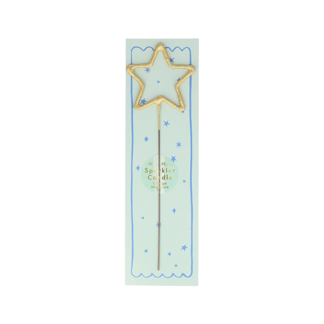Gold star sparkler candle with blue star packaging birthday theme from Parte Haus party supply store in Bethesda Maryland