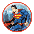 Blue Superman paper plate with red edge superhero birthday theme from Parte Haus party supply store in Bethesda MD.