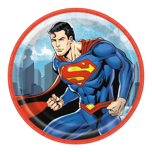 Blue Superman paper plate with red edge superhero birthday theme from Parte Haus party supply store in Bethesda MD.