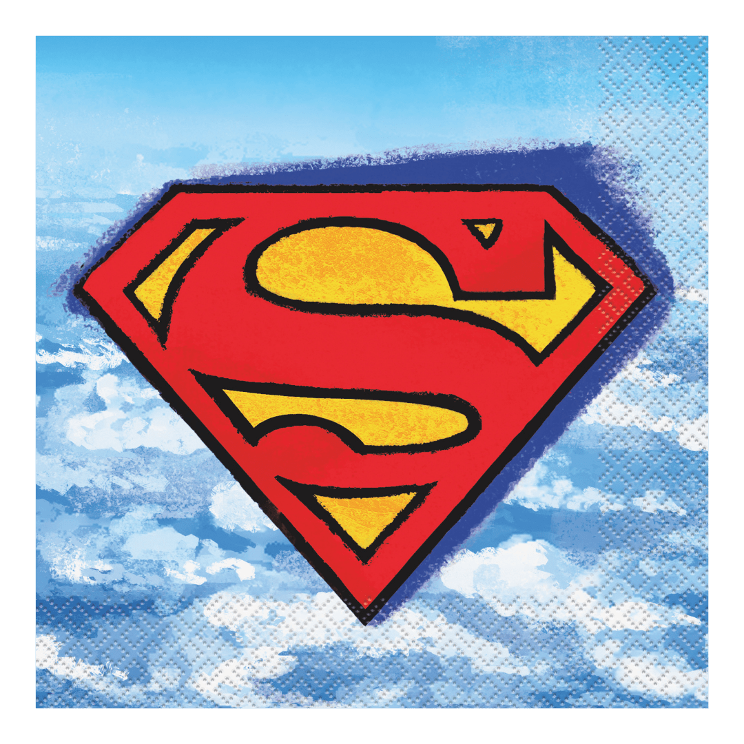 Red yellow superhero logo napkin with sky background superhero birthday theme from Parte Haus party supply store in Bethesda MD.